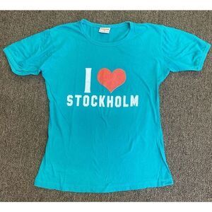Vintage Womens T-shirt I Love Stockholm Sweden Green Size Medium 12